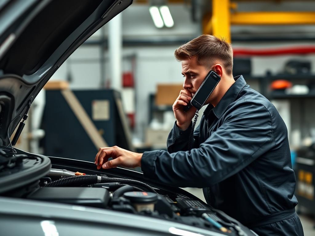 Monteur in werkplaats terwijl VoxFlow telefoon opneemt