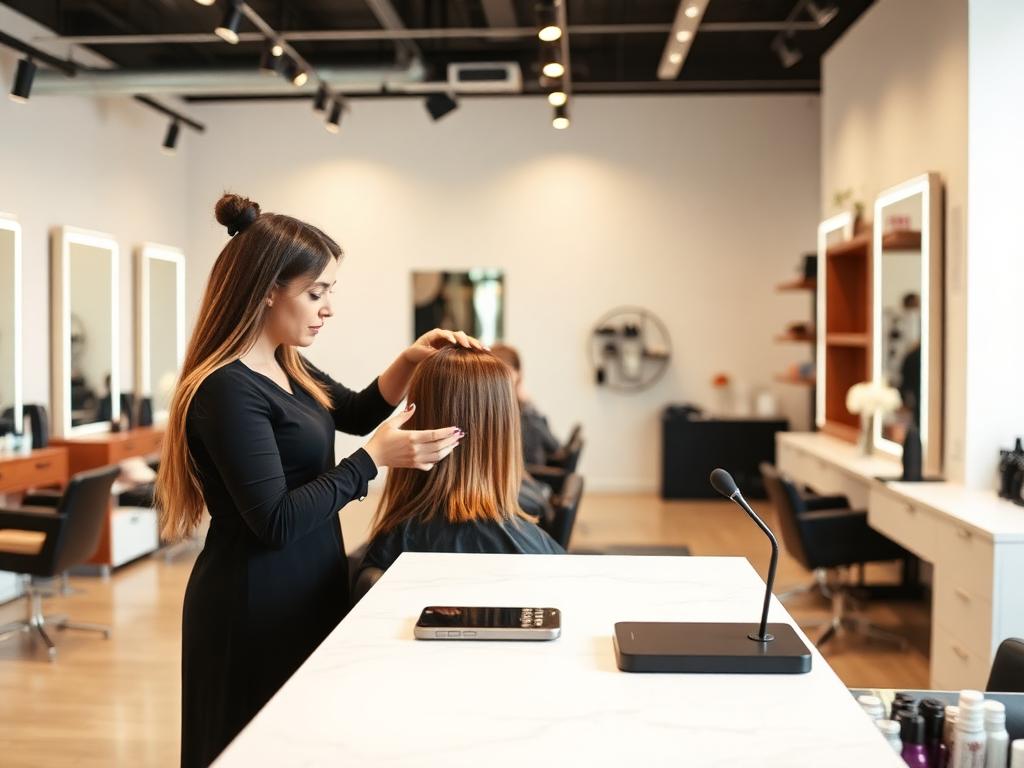 Kapsalon - kapper helpt klant terwijl VoxFlow de telefoon opneemt