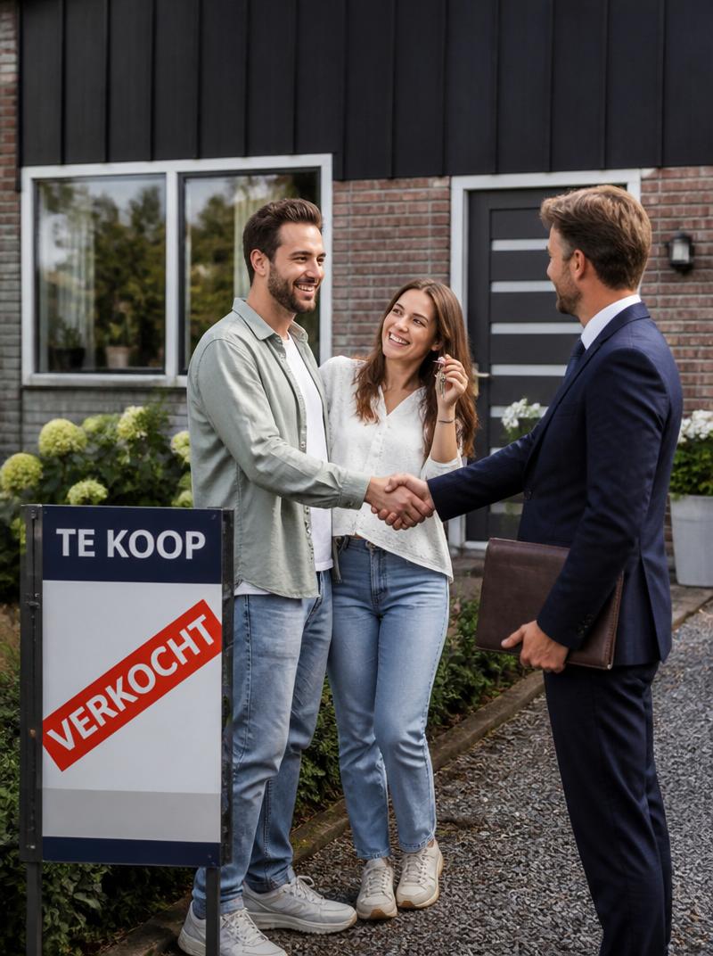 Makelaar overhandigt sleutels aan jong stel bij hun nieuwe huis
